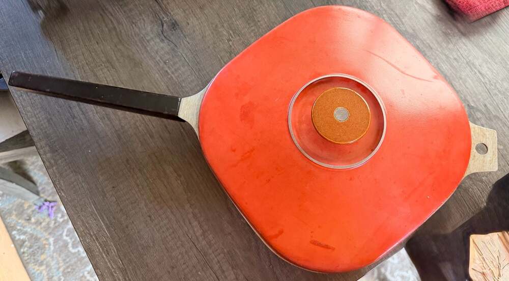 Vintage JCPenney Mid-Century Modern Aluminum Square Skillet Pan with Orange Enam
